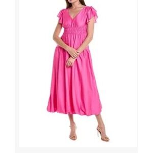 TAYLOR Pink Ruffle Sleeve V Neck Smocked Waist Midi Dress Size 8